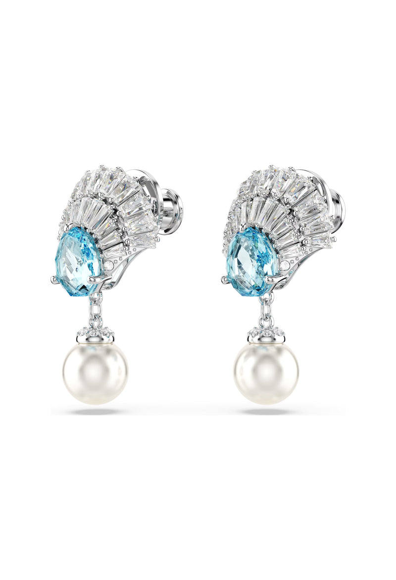 Swarovski Idyllia Crystal Shell, Blue Crystal Pearl Drop Earrings Rhodium Plated