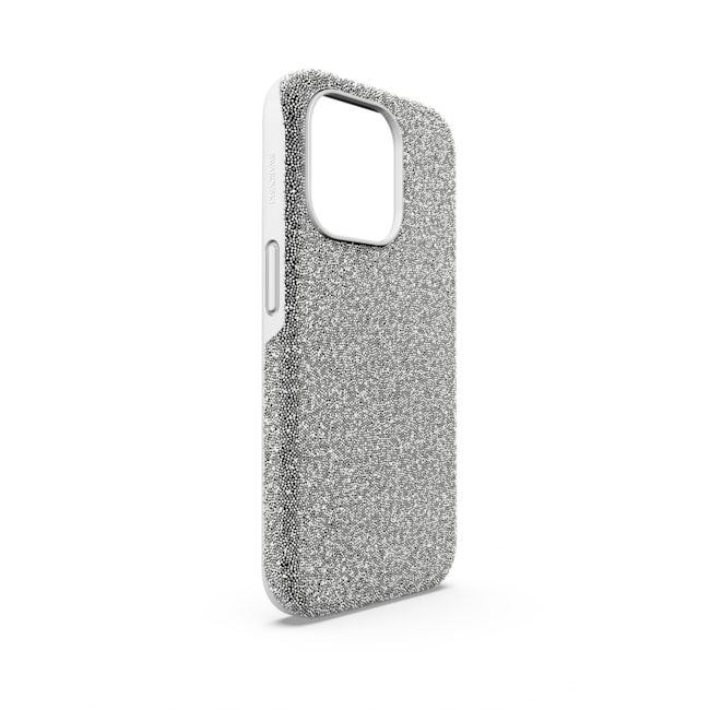 Showcasing the Swarovski iPhone 15 Pro case. This crystal-encrusted phone case offers stylish protection. Silver color.