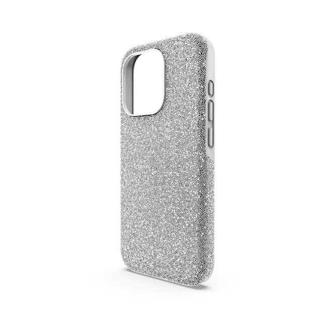 iPhone 15 Pro case with shimmering silver crystal accents, high-end Swarovski design for stylish phone protection.