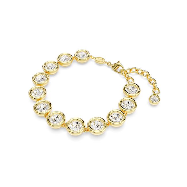 Gold-plated Swarovski tennis bracelet with bezel-set round-cut crystals, showcasing elegant design and adjustable chain