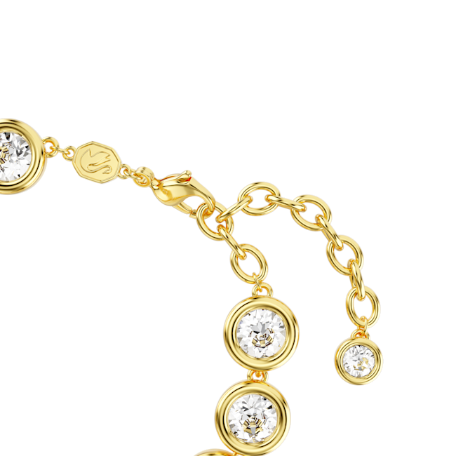 Close-up showing the gold-plated clasp and adjustable chain detail of the Swarovski Imber tennis bracelet.