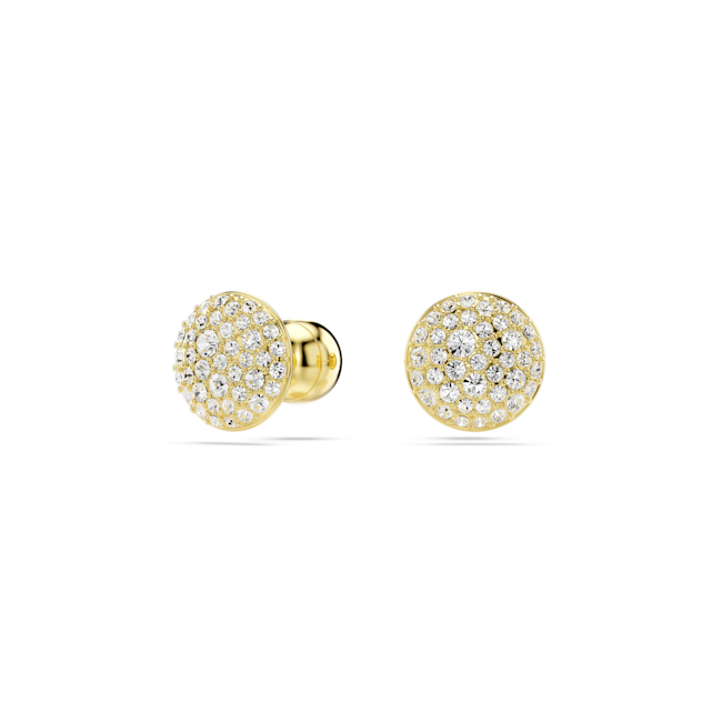 Close-up of gold-plated Swarovski stud earrings with crystal pave setting. Classic round Meteora design.