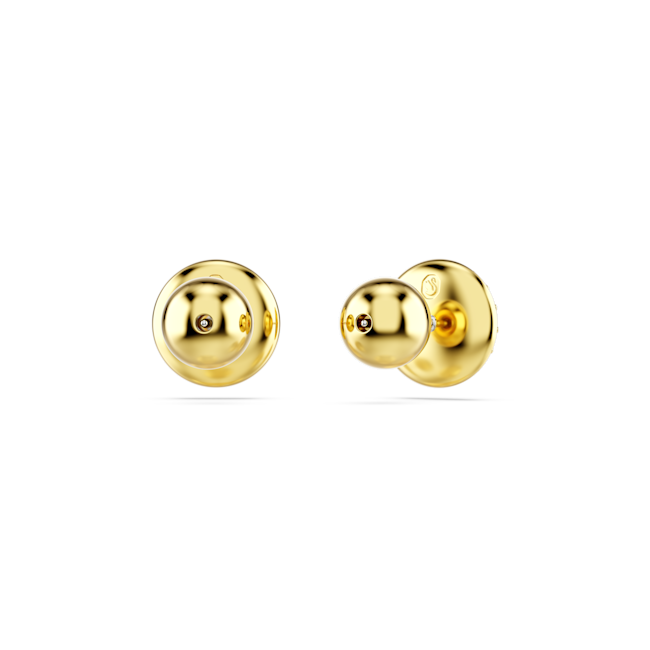 Close-up of Swarovski gold-plated stud earrings, showing pave set details and secure post backing.