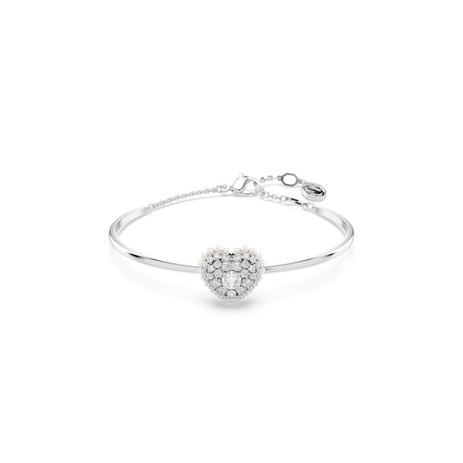 Swarovski crystal heart bangle rhodium plated. A romantic jewelry gift for women and girls, perfect for anniversaries.