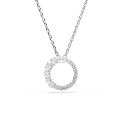 Elegant Swarovski pearl pendant necklace. Rhodium-plated circle with crystal accents offers timeless style.