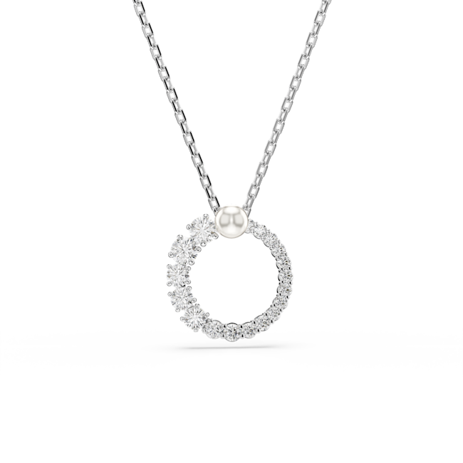 Elegant Swarovski pearl pendant necklace. Rhodium-plated circle with crystal accents offers timeless style.