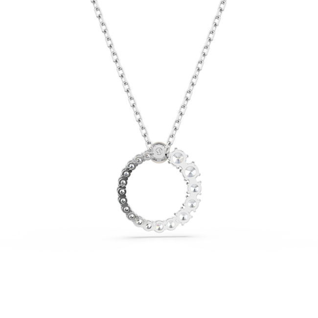 Swarovski Matrix pendant necklace. Circular rhodium-plated design with crystal pearls. Stylish jewelry piece.