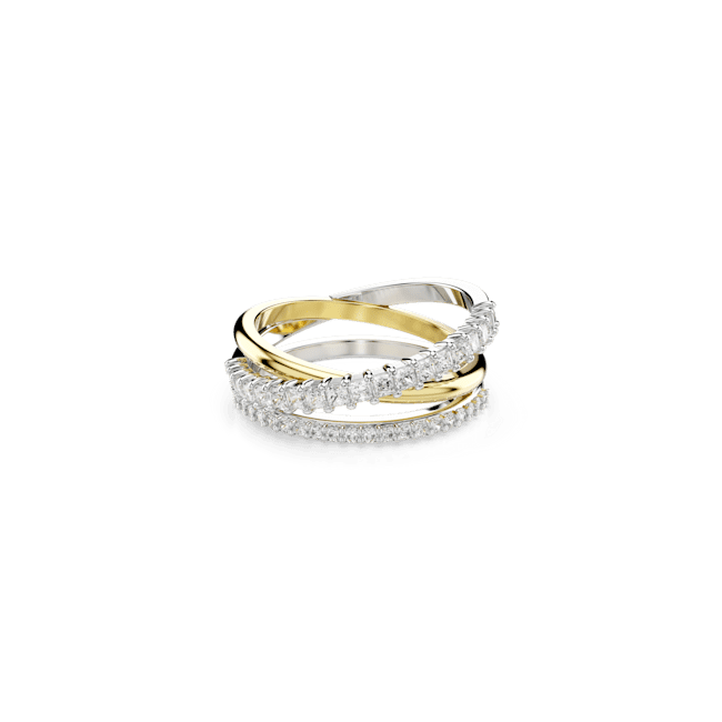 Swarovski Hyperbola ring: Mixed metal triple band with crystal cuts, stacked statement ring.