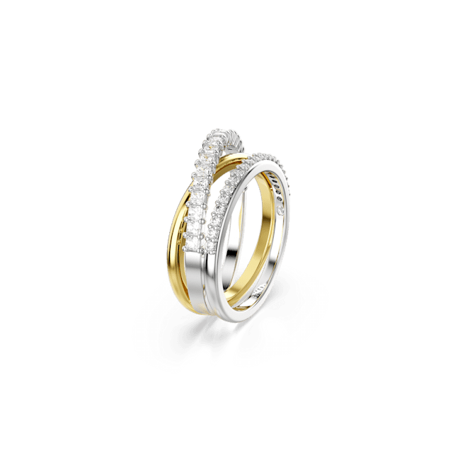 Swarovski Hyperbola ring featuring entwined bands of mixed metals and sparkling mixed-cut crystals, jewelry close-up.