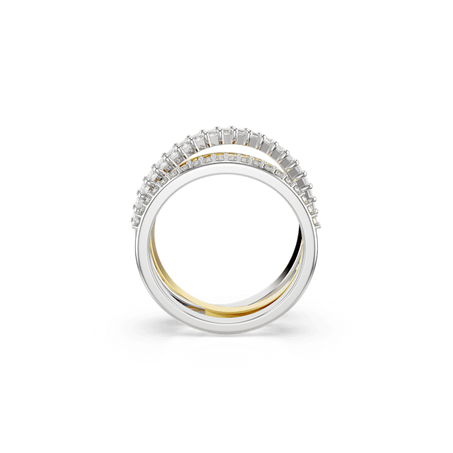 Detailed view of the Swarovski Hyperbola ring with three bands featuring mixed metal finishes and crystal cuts.