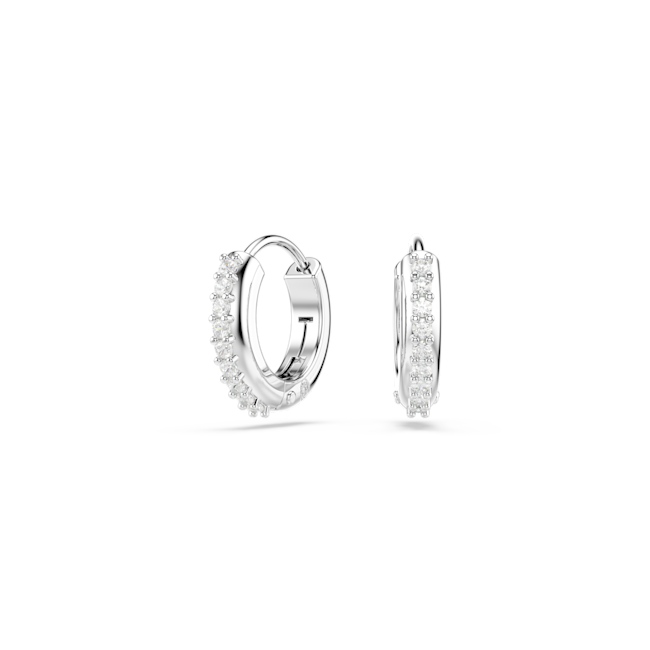 Close-up showing the rhodium plated Swarovski Matrix hoop earrings featuring a double row of round cut crystals.