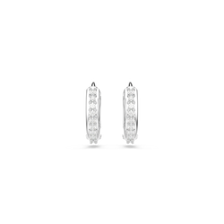Swarovski hoop earrings, rhodium-plated, round-cut crystals. Jewelry product close-up.