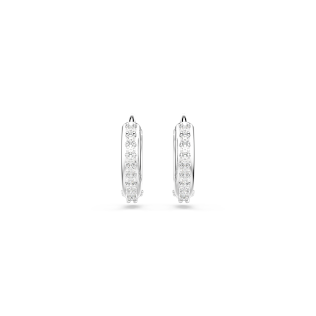 Swarovski hoop earrings, rhodium-plated, round-cut crystals. Jewelry product close-up.
