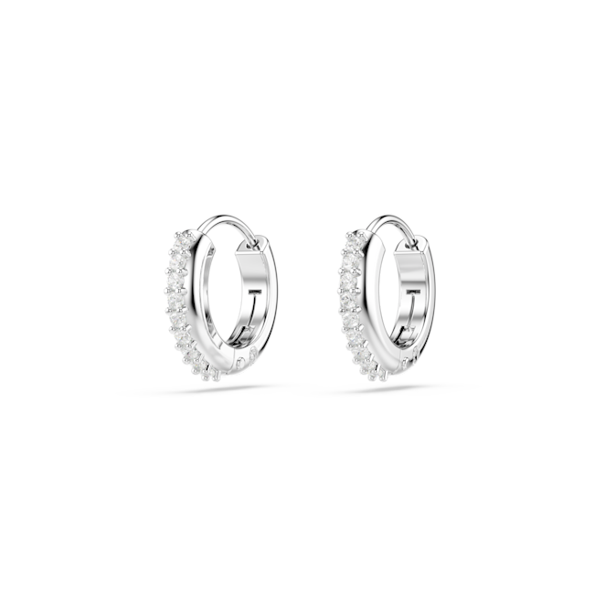 Round-cut Swarovski crystal hoop earrings with rhodium plating, part of the Matrix collection, showcasing sparkle.