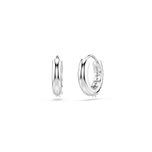 Rhodium-plated Swarovski hoop earrings, round-cut crystals, and hinged closure; viewed at an angle to showcase the sparkle.