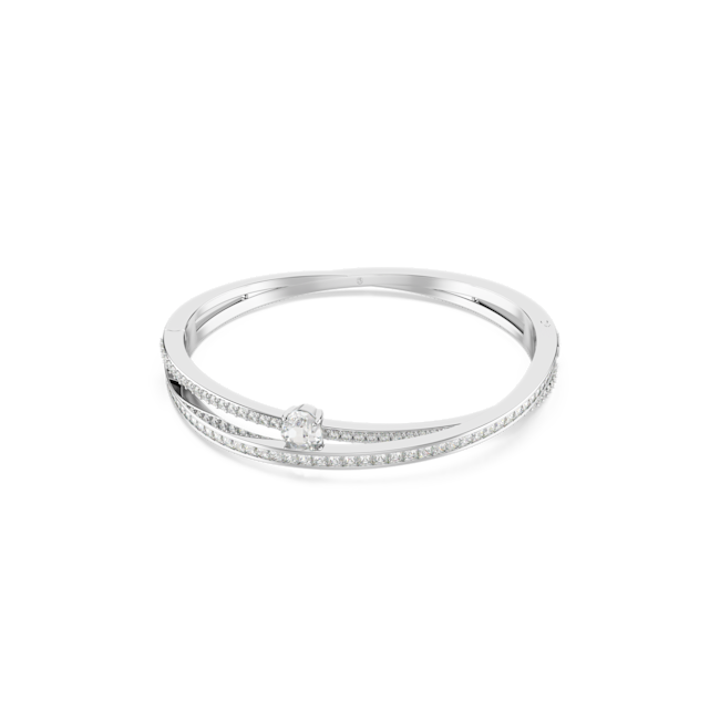 Hyperbola Bangle, rhodium plated, featuring a single, centrally set stone, showcasing mixed cuts & sparkling design.