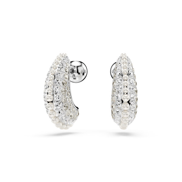 Swarovski Sublima drop earrings, rhodium plated. Elegant pearl and crystal detail, a sophisticated jewelry choice.