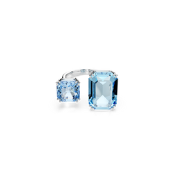 Swarovski Milenia open ring featuring blue octagon-cut crystals and rhodium plating. Contemporary jewelry design.