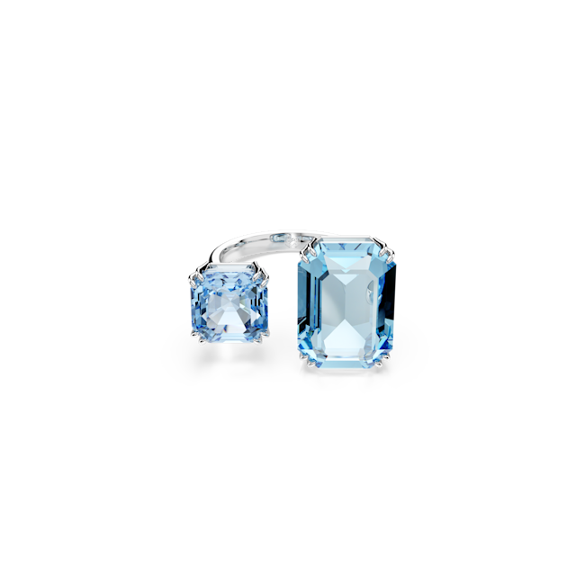 Swarovski Milenia open ring featuring blue octagon-cut crystals and rhodium plating. Contemporary jewelry design.