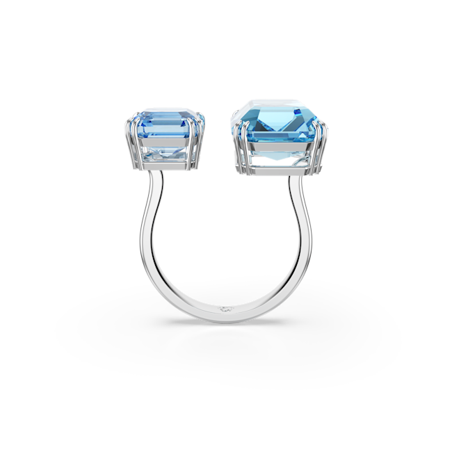 Close-up of the Swarovski Milenia open ring showcasing the blue octagon-cut crystals, rhodium-plated band, and modern design.