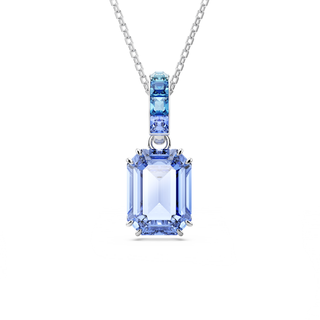 Swarovski Millenia: Blue Octagon Cut Pendant And Long Chain Rhodium Plated