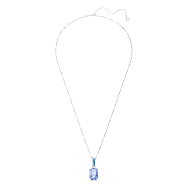 Swarovski Millenia: Blue Octagon Cut Pendant And Long Chain Rhodium Plated