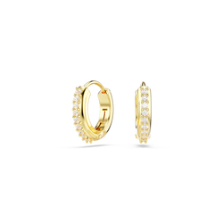 Gold hoop earrings adorned with Swarovski crystals, showcasing their sparkle and elegant design.