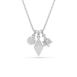 Dextera Pendant: Round cut sphere, cube, and star shape Swarovski crystal charms. Rhodium plated necklace, exquisite jewelry.