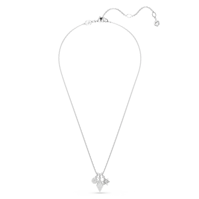 Swarovski Dextera pendant necklace showcasing round, sphere, and cube charms in rhodium finish, on a delicate chain.