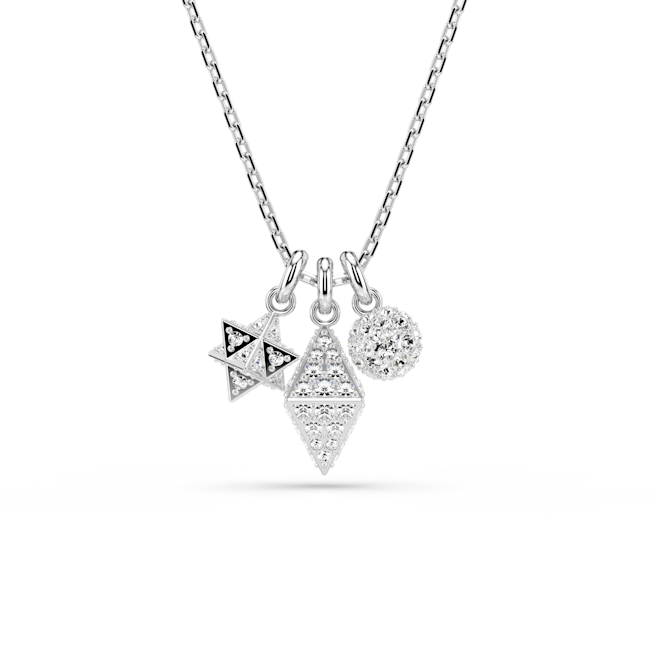 Dextera pendant showcasing round, sphere, and cube charms in rhodium plating, offering a modern geometric jewelry design.
