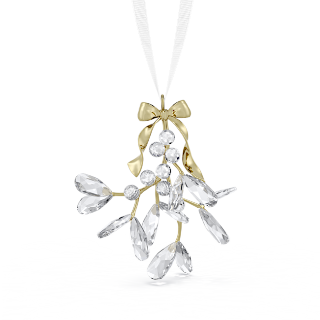 Swarovski crystal mistletoe ornament, adorned with a gold bow and white ribbon, perfect for festive holiday decor.