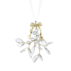 Elegant Swarovski mistletoe ornament, crystal clear leaves and berries, gold-tone bow and accents, holiday decoration.