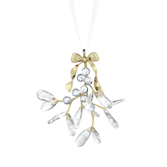 Elegant Swarovski mistletoe ornament, crystal clear leaves and berries, gold-tone bow and accents, holiday decoration.