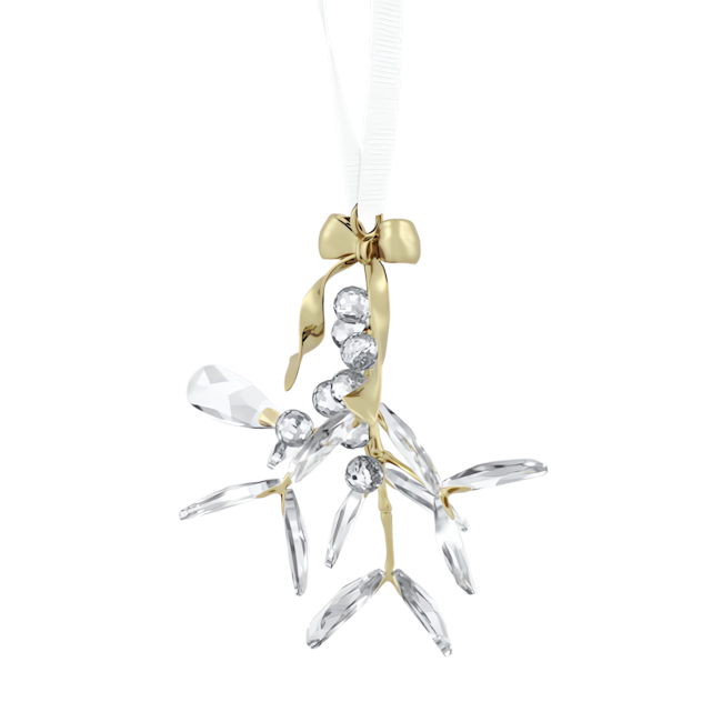Crystal mistletoe ornament hanging from a white ribbon. Elegant holiday decoration with golden bow and glistening berries.