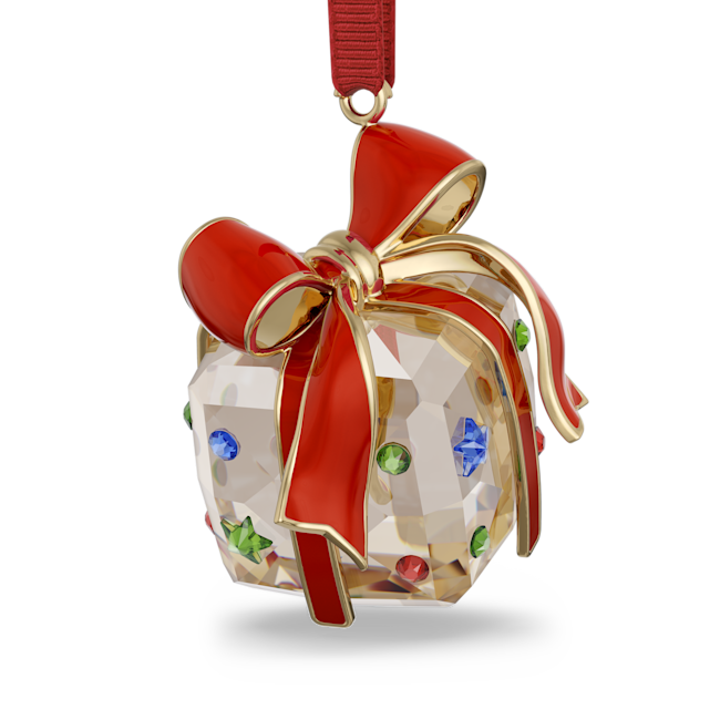Swarovski crystal Christmas ornament shaped like a gift, with red ribbon and colorful gemstone details.