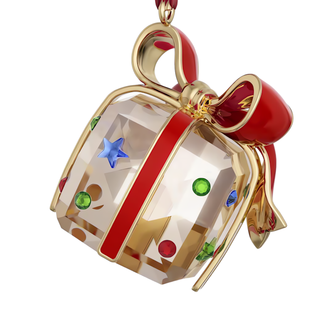 Elegant gift ornament featuring crystal-cut detailing, a red ribbon, and golden accents for festive holiday cheer.