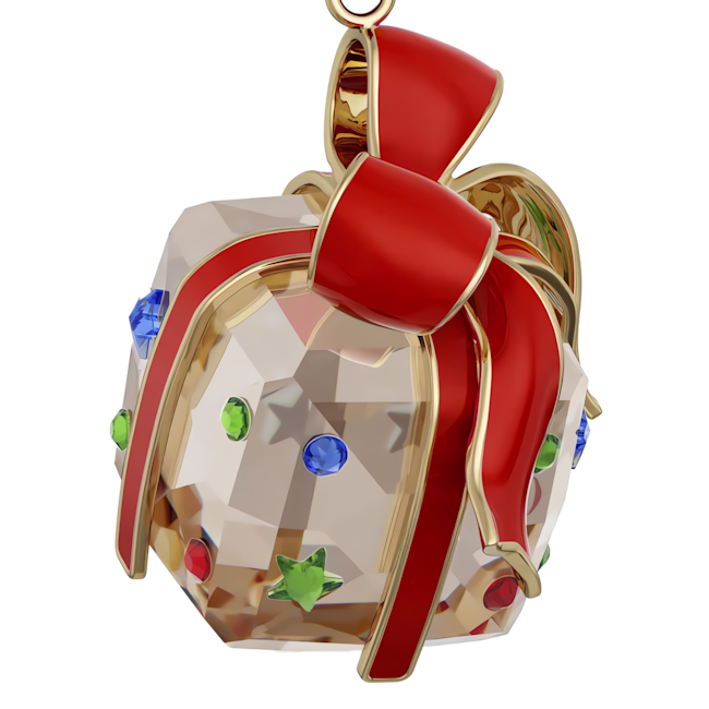 Swarovski ornament: Crystal-cut gift with red ribbon & colorful gem details. Elegant holiday cheer for collectors.