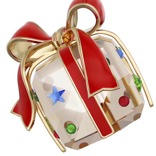 Crystal gift ornament with golden ribbon & red bow; Holiday Cheers decoration, elegant Swarovski craftsmanship.