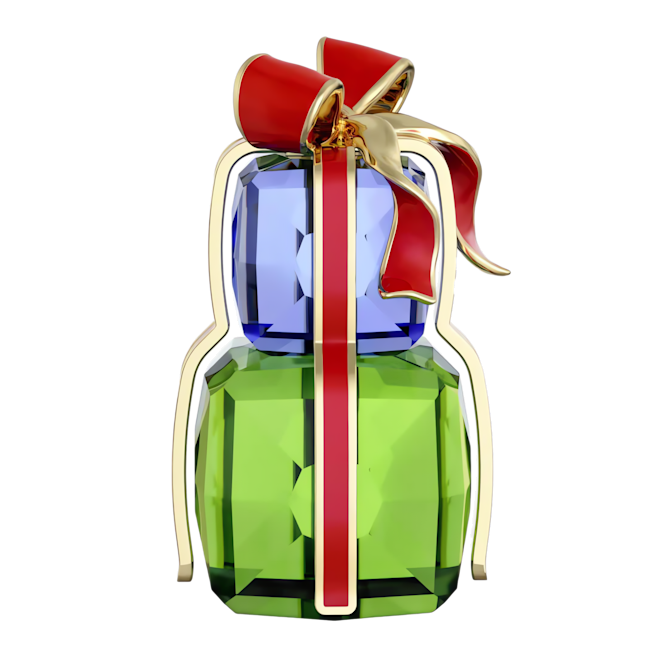 Holiday crystal ornament set: Sparkling blue and green gifts tied with a festive red ribbon and gold accents.