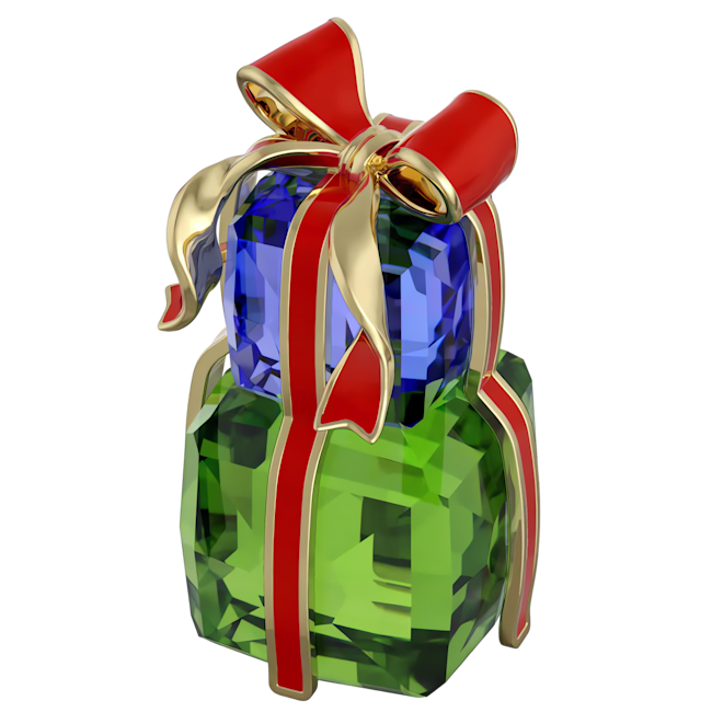 Swarovski crystal ornament set conveying holiday cheer with green & blue crystal gifts, topped with a festive red & gold bow.