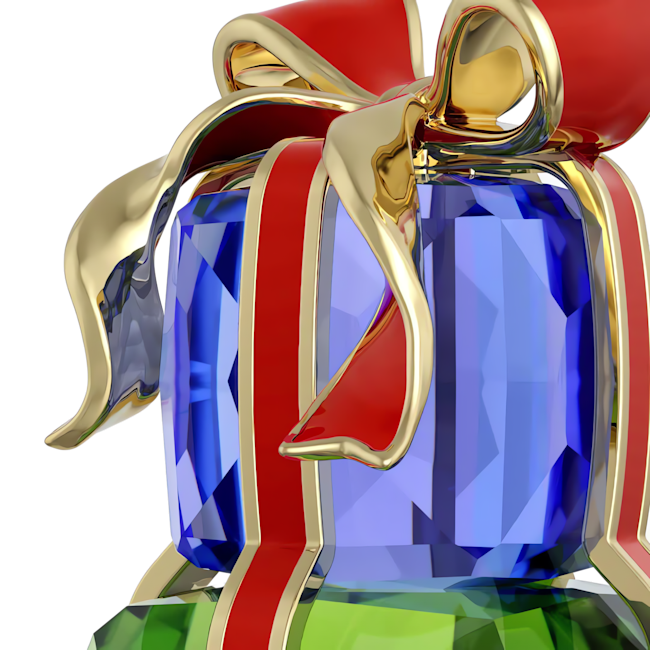 Close-up of Swarovski Holiday Cheers crystal ornament gift, featuring blue & green crystal, red bow. Part of a Christmas