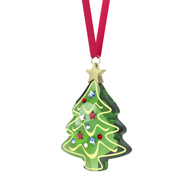 Swarovski holiday ornament: Faceted crystal Christmas tree with red ribbon and star. Festive holiday decor.