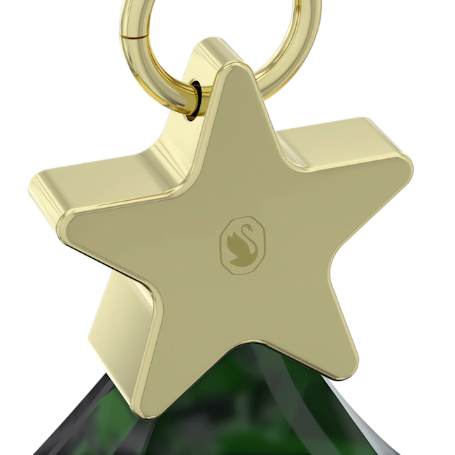 Close-up of the Swarovski Holiday Cheers faceted crystal tree ornament, showcasing gold-tone star and swan logo detail.