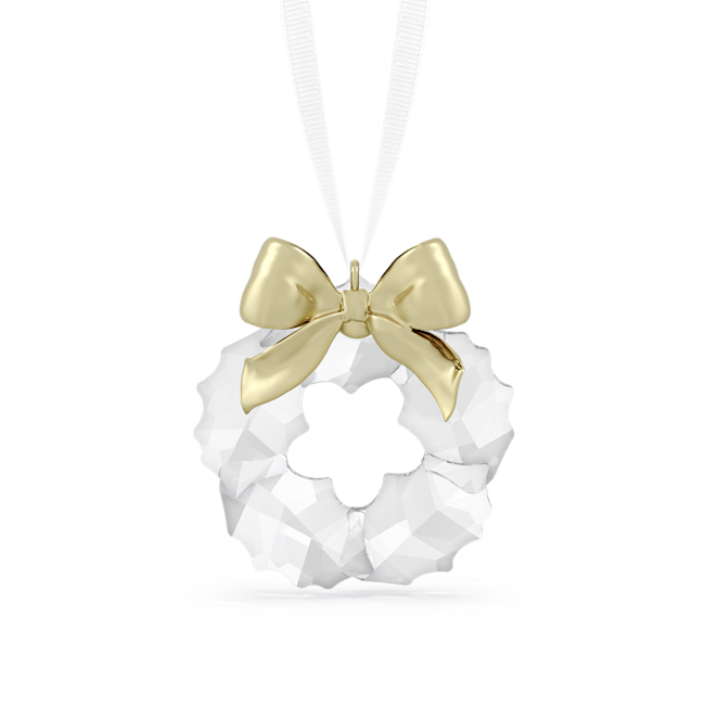 Elegant Swarovski crystal wreath ornament with gold bow, suspended for holiday display. Festive decoration.