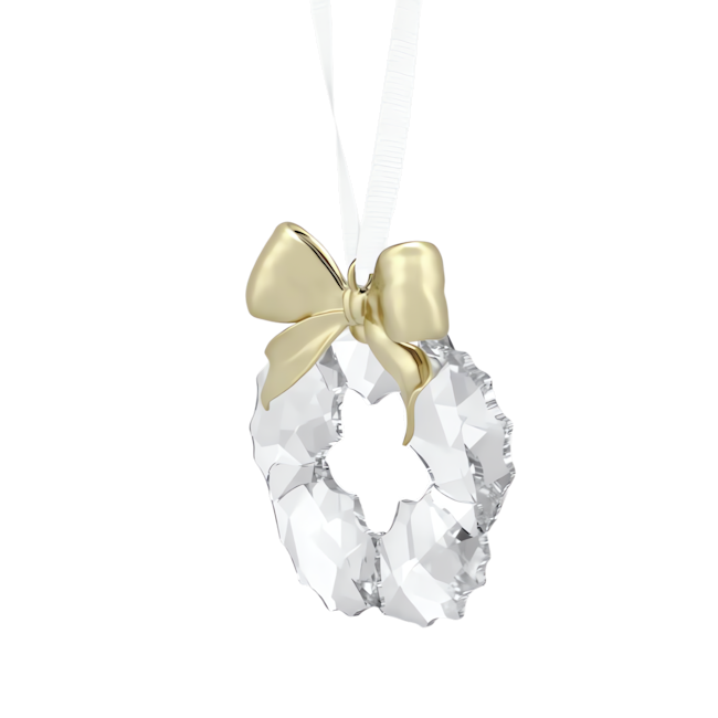 Clear crystal wreath ornament with gold bow, hanging from a white ribbon; a festive Swarovski holiday decoration.