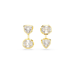 Gold plated Swarovski earring jackets featuring asymmetrical designs with triangular and cushion-cut crystals.