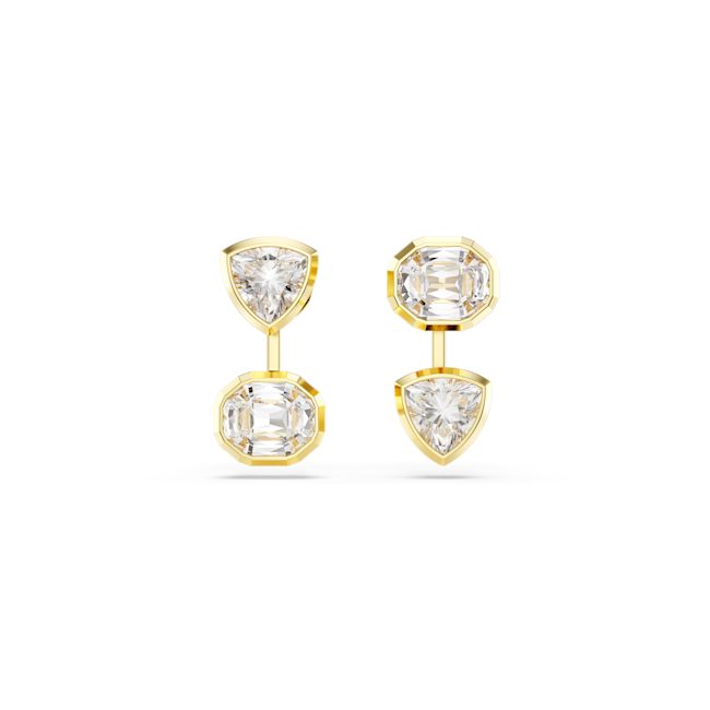Gold plated Swarovski earring jackets featuring asymmetrical designs with triangular and cushion-cut crystals.