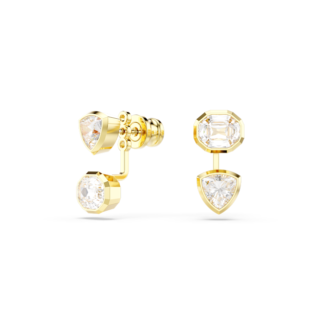 Asymmetrical gold-plated Swarovski earring jackets featuring crystal accents. Fashion jewelry detail.