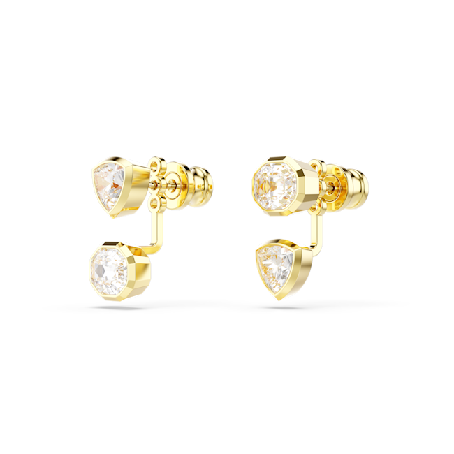 Swarovski earring jackets: gold plated asymmetrical design with clear crystals, showcasing unique, modern jewelry style.