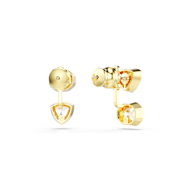 Close-up of Swarovski Imber gold earring jackets, showcasing the asymmetrical design and clear crystal detail.